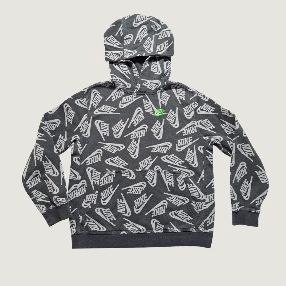 Nike Hoodie Kids Size M Dark Grey Good All-Over Logo Print DJ5509-070